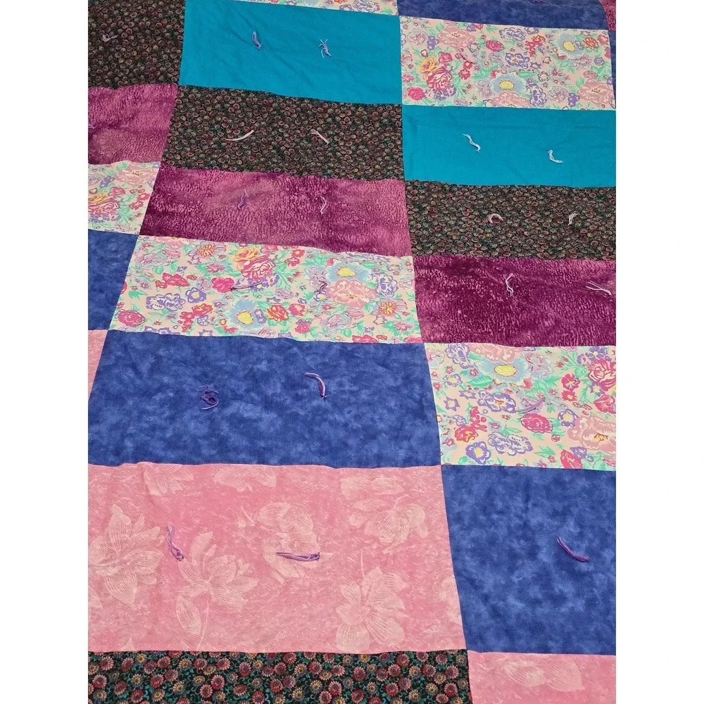 Handmade Patchwork Quilt Queen Cozy Pink‎ Blue Purple Cozy Throw Blanket /0193